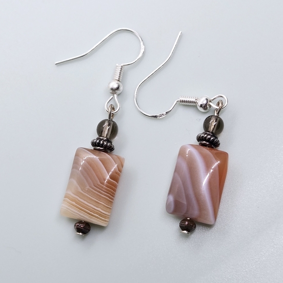 Vintage Gemstone Pink To Tan Nature Stones Earrings In Silver 925 Hooks - Picture 12 of 17